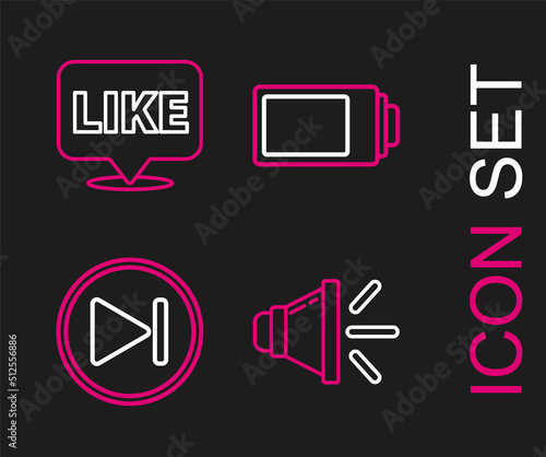 Set line Speaker volume, Fast forward, Battery charge level indicator and Like speech bubble icon. Vector