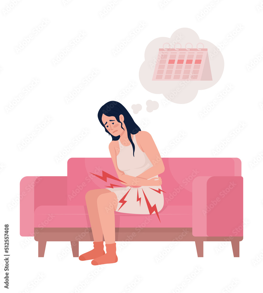 Girl suffering from unbearable menstrual cramps semi flat color vector character. Editable figure. Full body person on white. Simple cartoon style illustration for web graphic design and animation Girl suffering from unbearable menstrual cramps semi flat color vector character. Editable figure. Full body person on white. Simple cartoon style illustration for web graphic design and animation