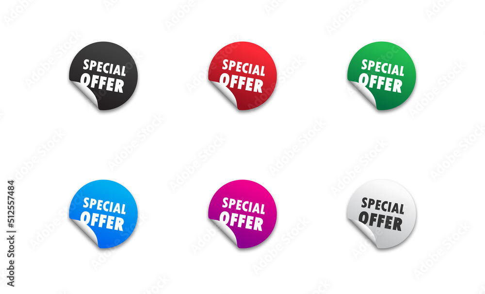Special offer stickers set. Colorful round buttons with folded edges, lettering and shadows. Flat vector illustration. Special offer stickers set. Colorful round buttons with folded edges, lettering and shadows. Flat vector illustration.