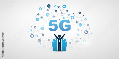 5G Network Label with Business Men, Icons and Network Mesh - High Speed Broadband Mobile Telecommunication and Wireless Internet Design, New Cutting Edge Global Mobile Technology Concept