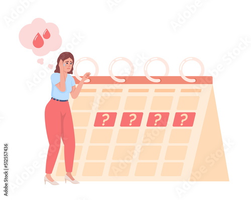 Worried woman with menstrual irregularities semi flat color vector character. Editable figure. Simple cartoon style illustration for web design and animation. Nerko One Regular, Quicksand fonts used