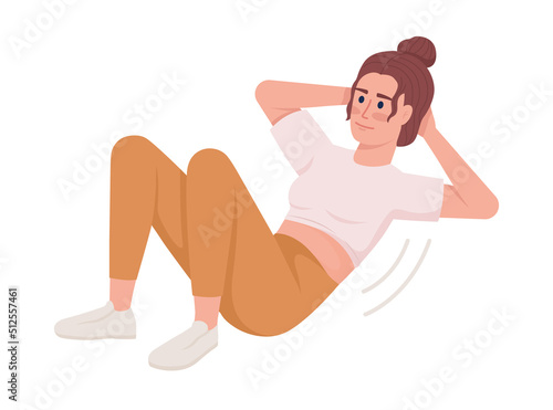 Smiling woman doing abdominal crunches semi flat color vector character. Editable figure. Full body person on white. Simple cartoon style illustration for web graphic design and animation