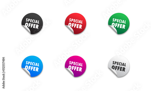 Special offer stickers set. Colorful round buttons with folded edges, lettering and shadows. Flat vector illustration.