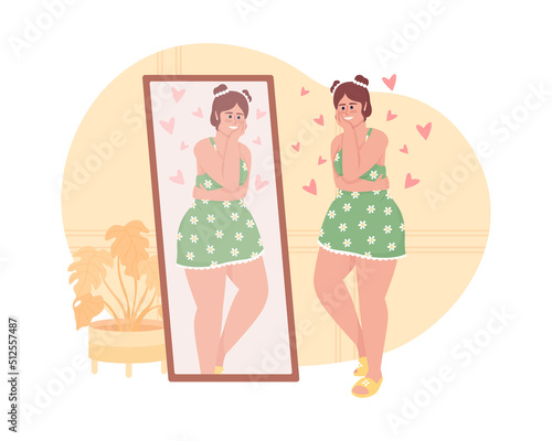 Happy plump woman looking in mirror 2D vector isolated illustration. Lady with curvy shapes flat character on cartoon background. Self love colourful editable scene for mobile, website, presentation