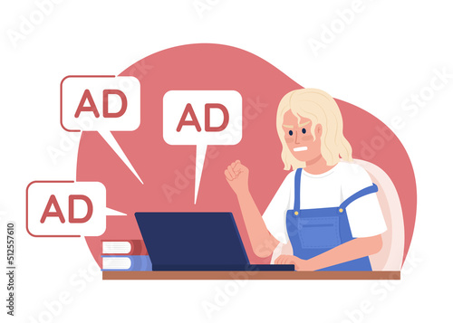 Angry woman and ads notifications 2D vector isolated illustration. Expressive flat character on cartoon background. Colourful editable scene for mobile, website, presentation. Quicksand font used