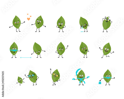 Set of green leaf character with happy or sad emotions, panic, loving or brave face, hands and legs. Person of plant with mask, glasses or hat. Vector flat illustration