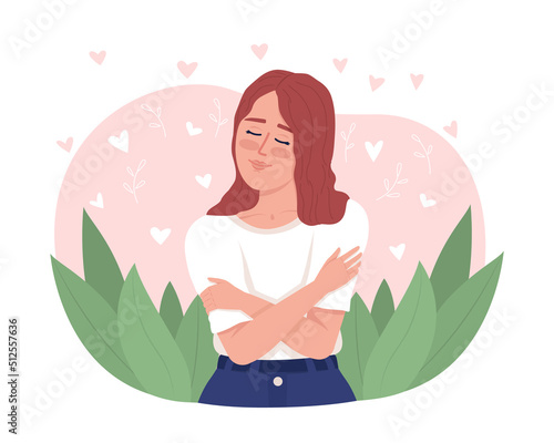 Smiling woman hugging herself 2D vector isolated illustration. Mental health flat character on cartoon background. Positive self esteem colourful editable scene for mobile, website, presentation