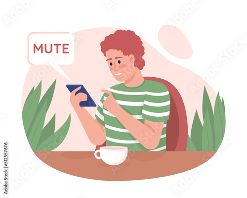 Man rejecting social medias 2D vector isolated illustration. Flat character on cartoon background. Internet addiction colourful editable scene for mobile, website, presentation. Quicksand font used