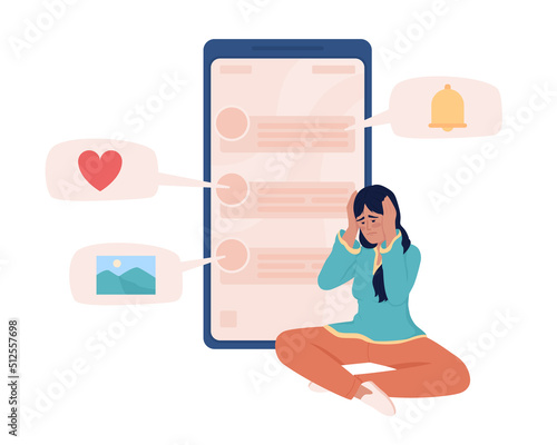 Woman with social media addiction semi flat color vector character. Editable figure. Full body person on white. Virtual network simple cartoon style illustration for web graphic design and animation