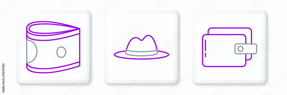 Set line Wallet, Stacks paper money cash and Man hat with ribbon icon. Vector Set line Wallet, Stacks paper money cash and Man hat with ribbon icon. Vector