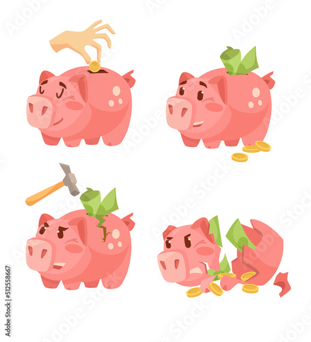 Happy and broken comic piggy bank vector illustrations set. Piggybank cartoon character with money inside, hand putting coin and breaking moneybox on white background. Banking, finances, debt concept