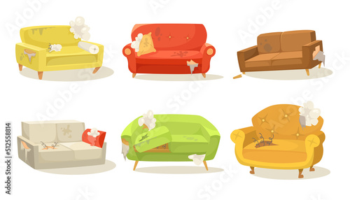 Dirty broken sofas vector illustrations set. Torn old couches with pillows for living room isolated on white background. Furniture, interior design concept