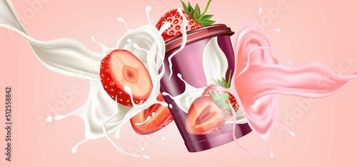 Milk liquid splashing with strawberries smoothie of Tropical fruits on solid color background. Vector in 3D illustrations. Food and Drink concepts.