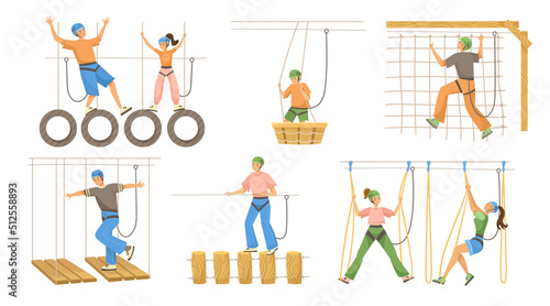 People having fun on rope course vector illustrations set. Zipline and other attractions, adults and kids having fun in park on white background. Outdoor activity, sports, entertainment concept
