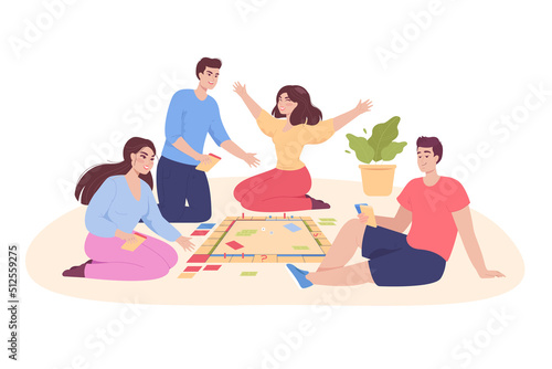 Happy cartoon friends playing board game on floor at home. People holding cards and banknotes flat vector illustration. Communication, leisure, board games concept for banner or landing web page