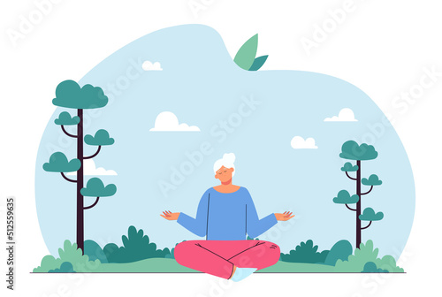Old woman doing yoga exercise and meditation in nature. Senior person sitting in lotus pose flat vector illustration. Hobby, mind health concept for banner, website design or landing web page