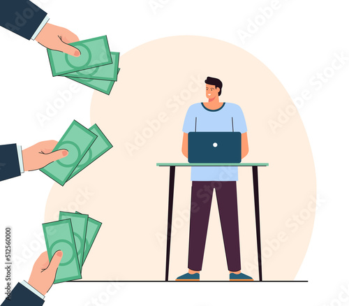 Hands of business people holding out currency to tiny man. Person with laptop receiving money flat vector illustration. Income, salary, payment concept for banner, website design or landing web page