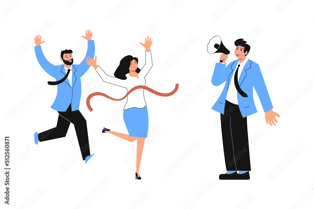 Boss shouting through megaphone to employees running for success Boss shouting through megaphone to employees running for success