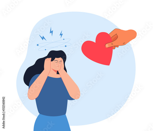 Hand giving heart to tiny woman with headache, dizzy disorder. Support and help to sick person flat vector illustration. Stress, emergency concept for banner, website design or landing web page