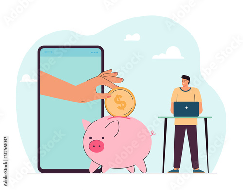Hand from screen of mobile phone giving coin to piggy bank. Tiny man with laptop receiving money flat vector illustration. Crowdfunding, startup concept for banner, website design or landing web page