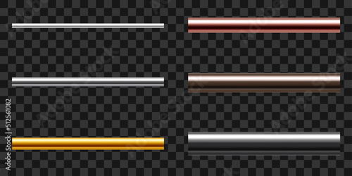 Set of metal pipes. Pipe profiles in steel, cast iron, aluminum, copper and brass. Realistic vector illustration isolated on transparent background.