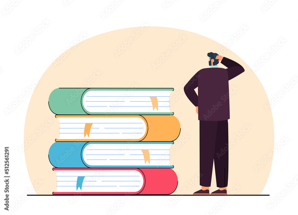 Tiny man in doubt standing near giant stack of books. Male employee thinking about learning problems flat vector illustration. Education, career concept for banner, website design or landing web page Tiny man in doubt standing near giant stack of books. Male employee thinking about learning problems flat vector illustration. Education, career concept for banner, website design or landing web page