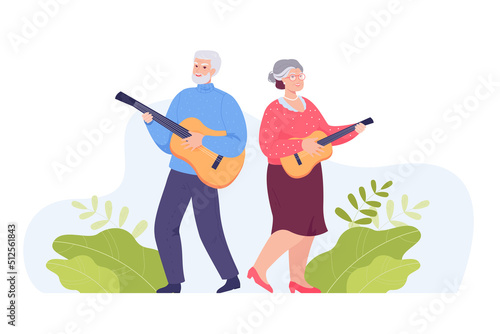 Aged man and woman playing acoustic guitars. Old persons or seniors with musical instruments flat vector illustration. Music, performance, leisure, active ageing concept for banner, landing web page