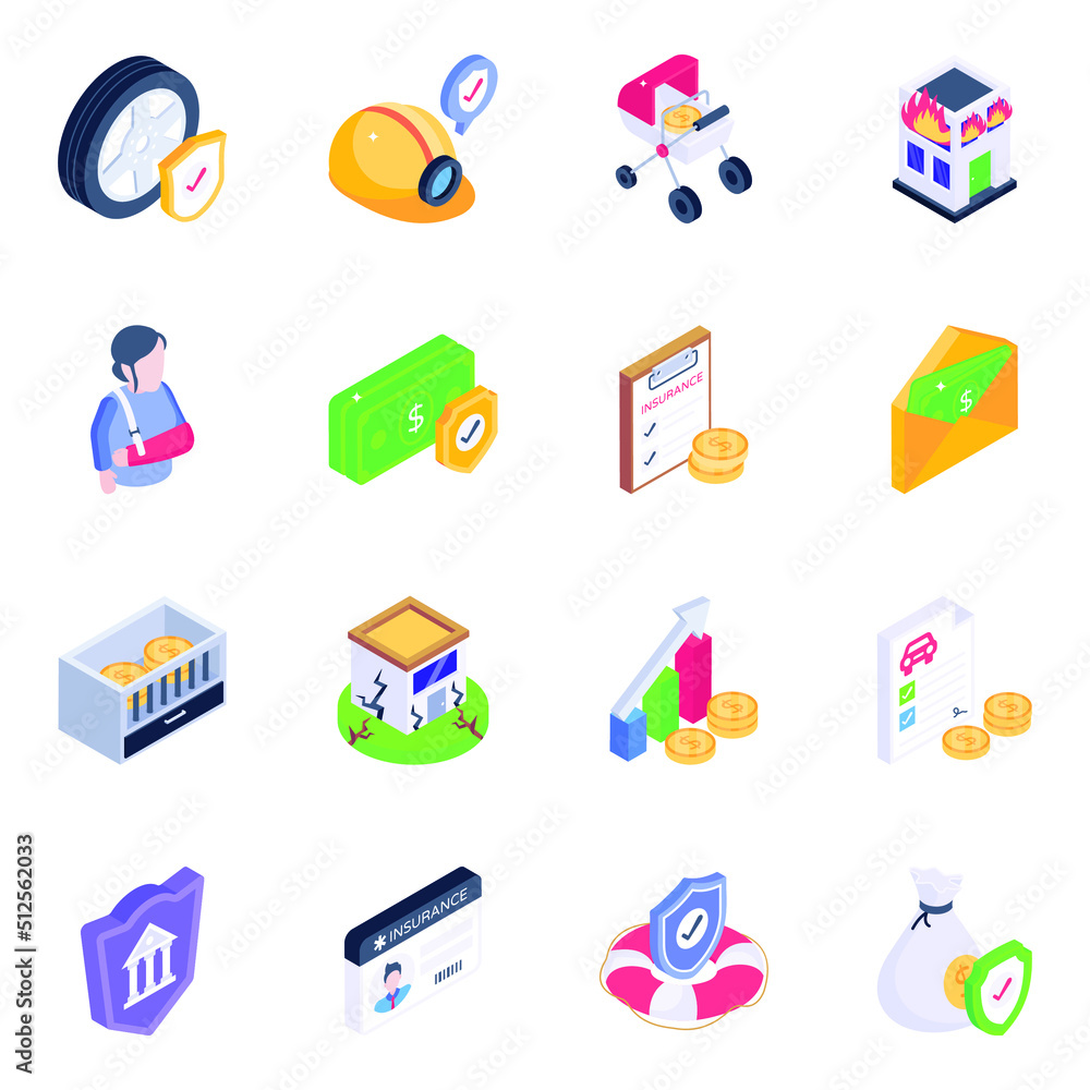 Pack of Life Insurance Isometric Icons Pack of Life Insurance Isometric Icons