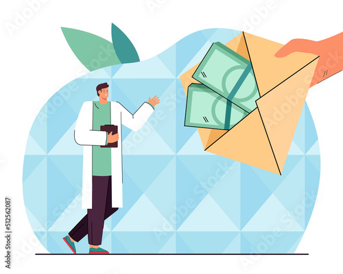 Hand giving paper envelope with money to corrupt doctor. Shadow payment for medical service to tiny man flat vector illustration. Bribe, medicine concept for banner, website design or landing web page