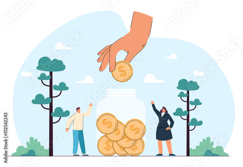 Hand giving dollar coin to glass jar. Donation and financial assistance for tiny man and woman flat vector illustration. Charity, finance, help concept for banner, website design or landing web page photo