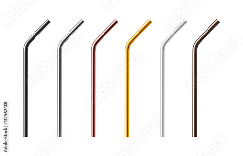 Set of reusable metal drinking straws. Realistic vector illustration isolated on white background.