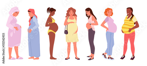 Wide set of various pregnant women. Pregnancy period, motherhood care, prenatal healthcare, expecting a baby, creating family generation, woman touches belly vector illustration