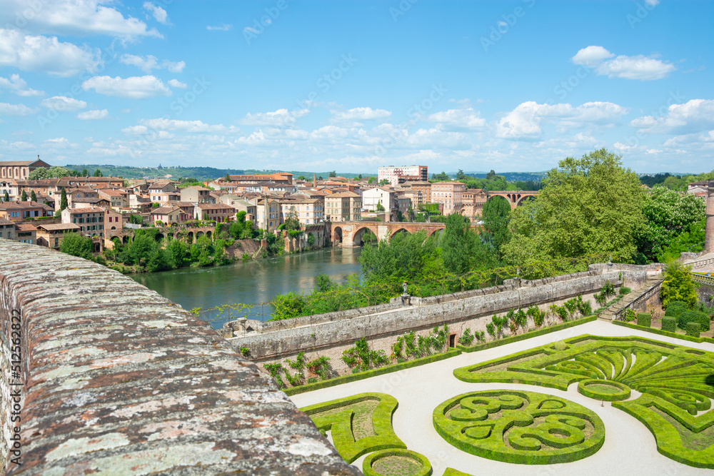 Beautiful view of the Tarn River and a garden in the Toulouse-Lautrec museum in Albi in France.