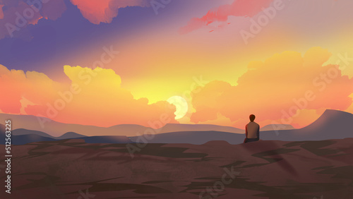 twilight painting a boy watching sunset afternoon on a mountain with cloud in the sky