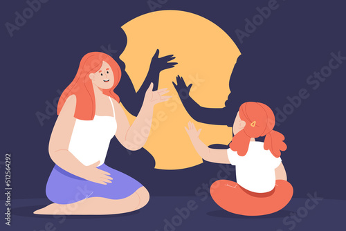 Mother and daughter making shadows with hands. Shadow theater, woman telling child bedtime story flat vector illustration. Parenting, family, development concept for banner or landing web page