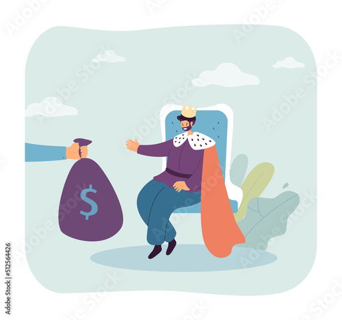 Big hand holding out bag of money to king. Tiny man in crown and royal robe sitting on throne flat vector illustration. Wealth, gift, monarchy concept for banner, website design or landing web page