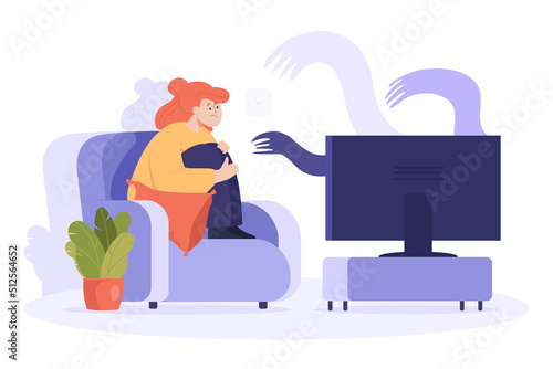 Scared cartoon woman watching horror movie or thriller alone. Female character watching scary film on TV at home flat vector illustration. Television, fear, entertainment concept for banner
