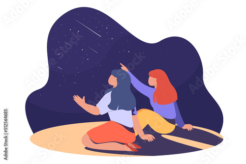 Back view of two women watching sky at night. Friends or girlfriends on date looking at stars flat vector illustration. Dreams, astronomy concept for banner, website design or landing web page