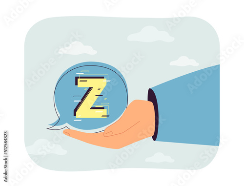 Hand holding communication bubble with letter Z. Person showing notion of young Z generation flat vector illustration. Youth, development concept for banner, website design or landing web page