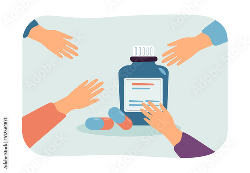 Hands reaching for bottle of vitamins and supplements. People taking capsules from container flat vector illustration. Medicine, drugstore concept for banner, website design or landing web page