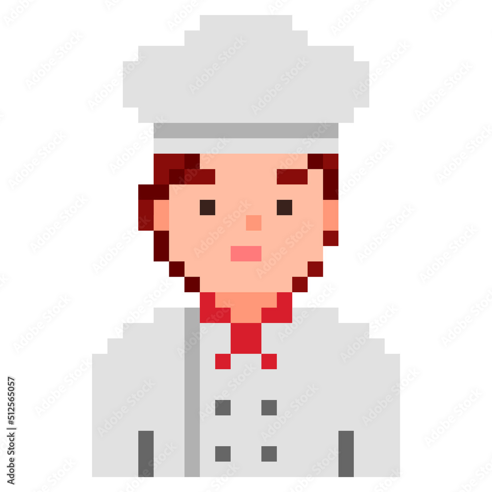 Chef isolated on white background. Female cook pixel game style illustration. Vector pixel art design. 8 bit character icon. Chef isolated on white background. Female cook pixel game style illustration. Vector pixel art design. 8 bit character icon.