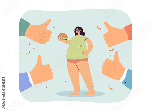Fat girl with burger surrounded by thumbs up. Society approving body positive. Acceptance, overweight flat vector illustration. concept for banner, website design or landing web page