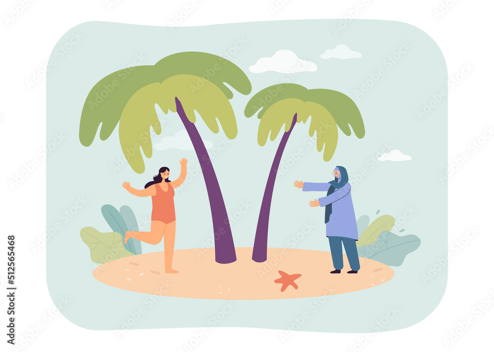 Muslim woman in hijab and girl in bikini walking near palm trees. Women of different cultures on tropical island flat vector illustration. Travel concept for banner, website design or landing web page