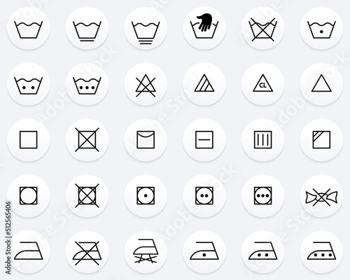 Laundry Guide Line Icon Set. Laundry Care and Wash Information Symbol. Machine and Hand Wash, Dry, Cleaning Cotton Cloth, Use Iron Outline Icon. Isolated Vector Illustration