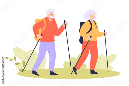 Elderly couple walking with trekking poles and backpacks. Old people traveling together flat vector illustration. Hiking, trekking, healthy lifestyle, active ageing concept for banner, website design