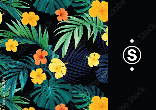 Dark hawaiian floral design with palm leaves and hibiscus flowers. Tropical summer vector background.