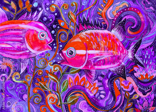 Dipinto acquerello Vita sottomarina. Due pesci  photo