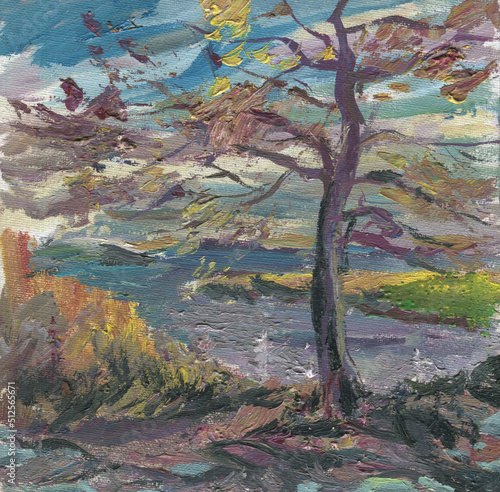Fototapeta Naklejka Na Ścianę i Meble -  tree on the background of the river painting