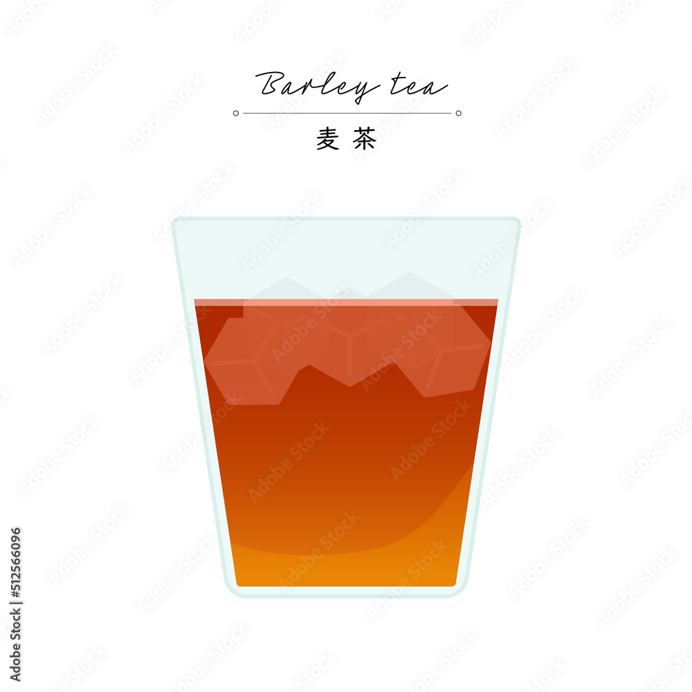 ガラスのコップに入った氷入りの冷たい麦茶 夏 熱中症予防のイメージ素材 日本語と英語の文字入り Stock ベクター Adobe Stock