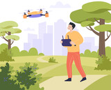 Cheerful cartoon man operating drone outdoors. Male character controlling wireless toy with remote flat vector illustration. Technology, innovation, entertainment concept for banner or landing page